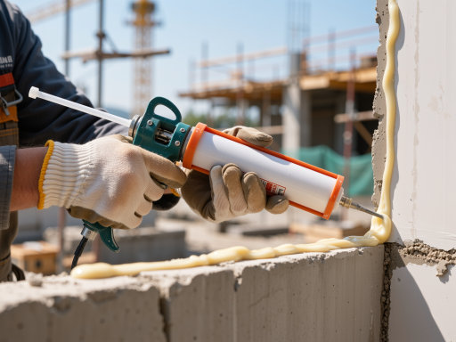 住宅小区外墙清洗施工现场,专业人员高空作业,明亮自然光