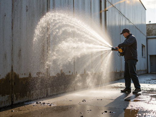 学校建筑外墙清洗施工现场,专业团队作业,明亮自然光