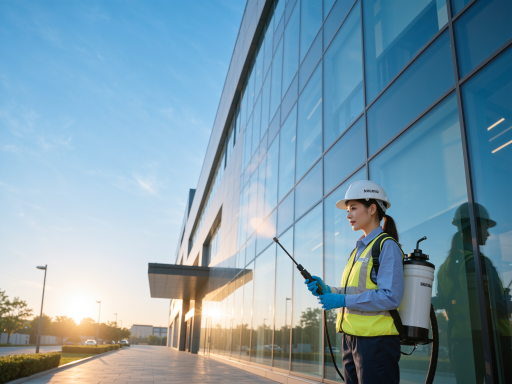 专业外墙清洗服务,采用先进设备和技术,让您的建筑焕然一新的施工场景,明亮自然光